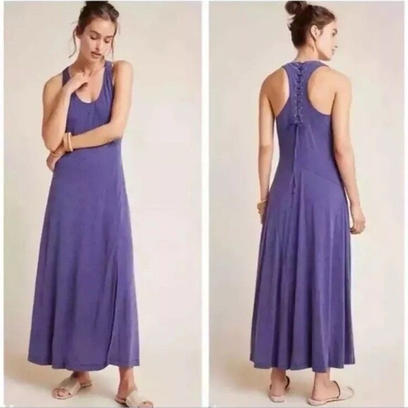 Maeve Anthropologie Dress Maxi Purple Lace Up Racerback Boho Soft Knit L - Picture 9 of 9